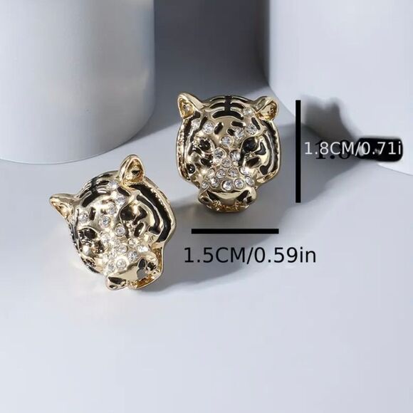 18K Gold Plated Lion Rhinestone Stud Earrings - Picture 4 of 7